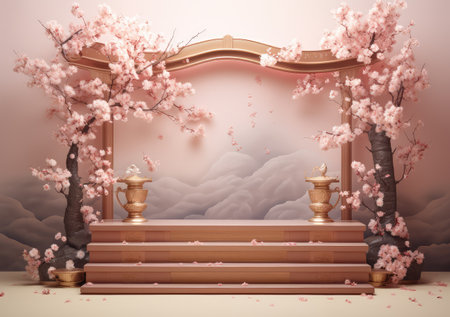 Realistic 3D render blank empty pastel pink podium with cherry blossom flower bouquet and blowing white curtain. Beauty products display, Backdrop. AI Generative.の素材