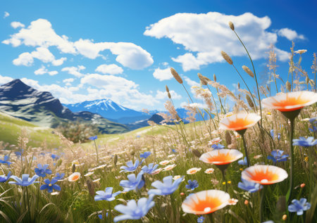 field of spring grassland flowers and perfect blue sky. AI Generativeの素材