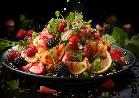 Fresh Mix fruits and salad with water splash float on dish with dark studio background. AI Generative.の素材