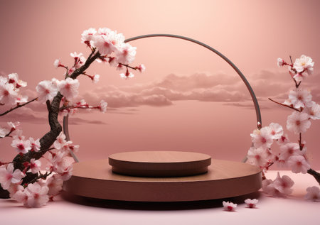 Minimal mockup background for product presentation. Pink podium and cherry blossom flower on pink background. AI Generative.の素材