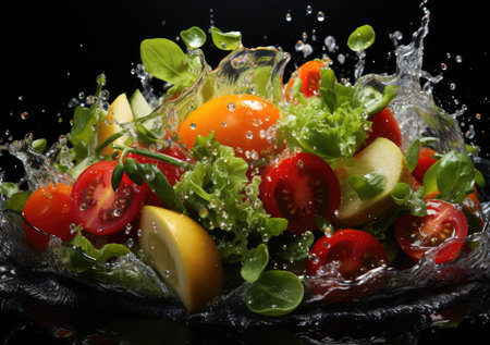 Fresh Mix fruits and salad with water splash float on dish with dark studio background. AI Generative.の素材