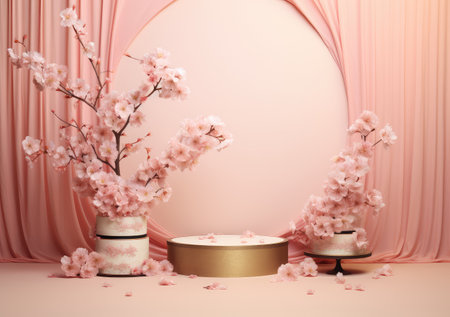 Abstract minimal scene with geometric forms. cylinder podium in pink background with pink sakura flower. product presentation, mockup, show product, podium, stage pedestal or platform. AI Generative.の素材