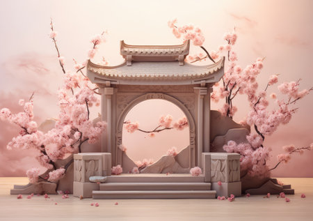 3D background, pink podium display. Sakura pink flower falling. Cosmetic or beauty product promotion step floral, pastel pedestal. Abstract minimal advertise. AI Generative.の素材
