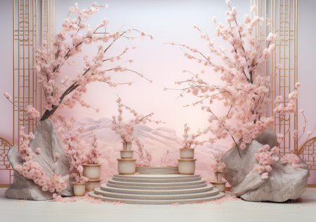 Minimal mockup background for product presentation. Pink podium and cherry blossom flower on pink background. AI Generative.の素材