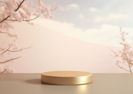 A realistic scene with a pedestal in pastel pink colors. Square platform with frosted glass and flowers in the background for product demonstration. AI Generative.の素材