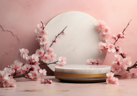 Realistic 3D render blank empty pastel pink podium with cherry blossom flower bouquet and blowing white curtain. Beauty products display, Backdrop. AI Generative.の素材