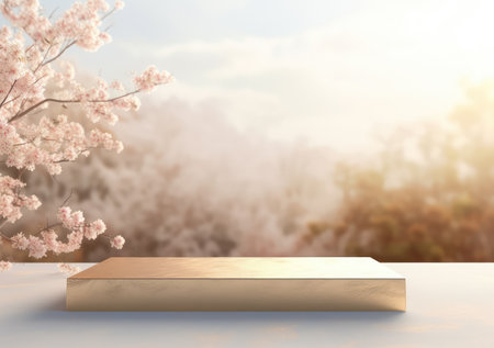 A realistic scene with a pedestal in pastel pink colors. Square platform with frosted glass and flowers in the background for product demonstration. AI Generative.の素材