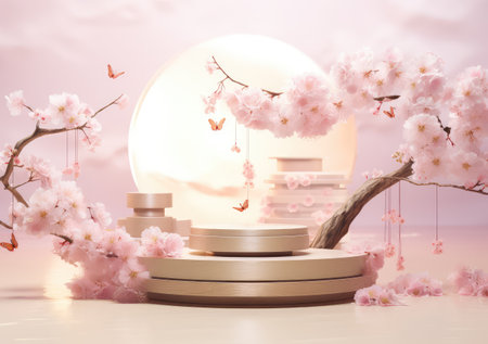 Realistic 3D render blank empty pastel pink podium with cherry blossom flower bouquet and blowing white curtain. Beauty products display, Backdrop. AI Generative.の素材