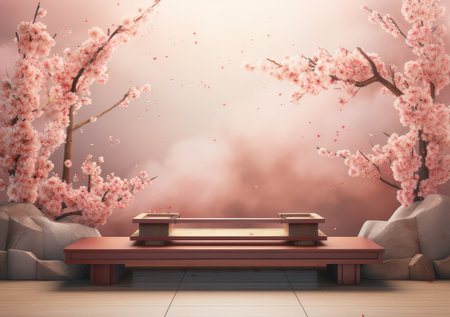 Abstract minimal scene with geometric forms. cylinder podium in pink background with pink sakura flower. product presentation, mockup, show product, podium, stage pedestal or platform. AI Generative.の素材
