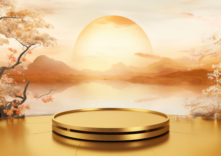 Abstract minimal scene with geometric forms. gold cylinder podium in pink background with pink sakura flower. product presentation, mockup, show product, podium, stage pedestal or platform. AI Generativeの素材