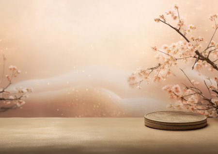 Minimal studio Luxury Podium Display with Apple Blossom on Peach Pastel background, Cylinder Stand with Pink sakura Branches, showcase for Product presentation. AI Generativeの素材