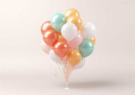 Colorful balloons 3d background. Bunch of flying helium balloon for birthday or anniversary congratulation concept. AI Generativeの素材