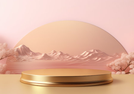 3D background, pink podium display. Sakura pink flower falling. Cosmetic or beauty product promotion step floral, pastel pedestal. Abstract minimal advertise. AI Generative.の素材