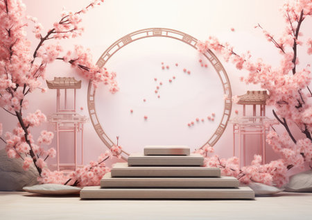 Minimal mockup background for product presentation. Pink podium and cherry blossom flower on pink background. AI Generative.の素材