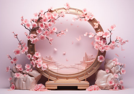 3D background, pink podium display. Sakura pink flower falling. Cosmetic or beauty product promotion step floral, pastel pedestal. Abstract minimal advertise. AI Generative.の素材