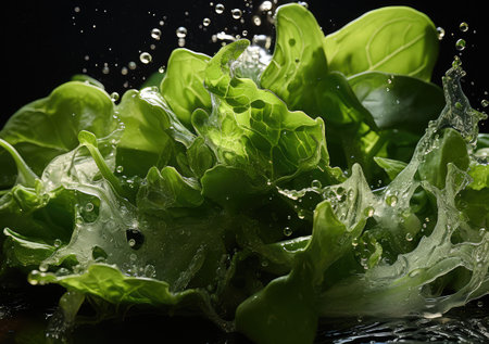 Fresh vegetable salad and food with water splash float on dish with dark studio background. AI Generative.の素材