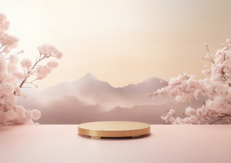 3d minimal display podiums with cherry blossom flower Sakura background. realistic presentation for product advertising. AI Generativeの素材