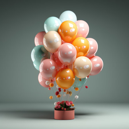 Colorful balloons 3d background. Bunch of flying helium balloon for birthday or anniversary congratulation concept. AI Generativeの素材