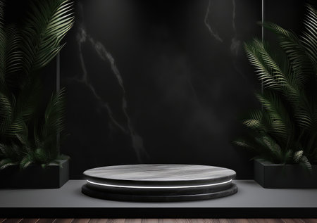 Luxury mockup podium stone with golden marble texture and golden circle for branding and packaging presentation. Black and gold natural pedestal. AI Generativeの素材