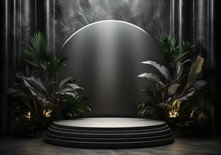 Round pedestals, black marble cylinder, leaves. Sculptural composition for creative advertising. Empty podium, base for product promotion. Luxury Black dark golden mockup. AI Generativeの素材