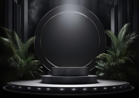 Dark stone podium for beauty and spa cosmetic brand product placement on black background wall. Luxury granite natural material and neutral aesthetic bathroom shelf. Minimal trendy mockup template. AI Generative.の素材