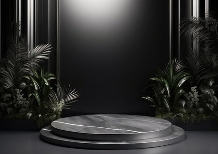 3d render of black and white marble pedestal podium on background. abstract minimal concept decorate with plant, blank space luxury minimal clean design 3d product present mockup. AI Generativeの素材