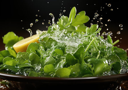 Fresh vegetable salad and food with water splash float on dish with dark studio background. AI Generative.の素材