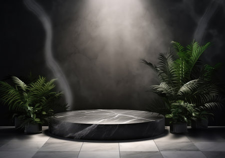 Dark podium, showcase for advertising products and goods. Display with natural stones tropical branches. Background for natural cosmetics and branding. AI Generativeの素材
