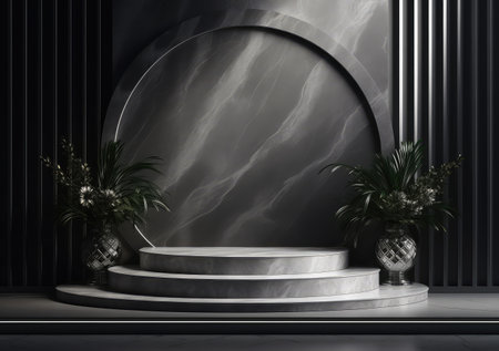 Luxurious empty product marble stone podium and forest green leaves on dark background. Concept scene stage for promotion, sale, presentation or cosmetic. AI Generativeの素材