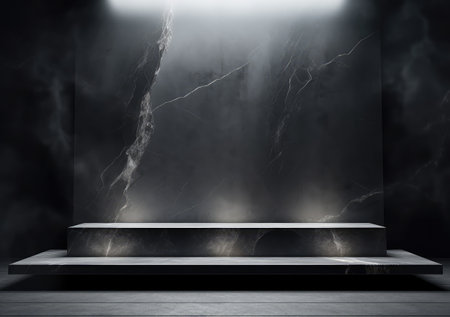 Dark stone podium for beauty and spa cosmetic brand product placement on black background wall. Luxury granite natural material and neutral aesthetic bathroom shelf. Minimal trendy mockup template. AI Generative.の素材
