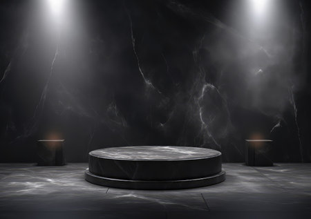 Luxury natural stone podium for showing packaging and product on black background, copy space. AI Generativeの素材