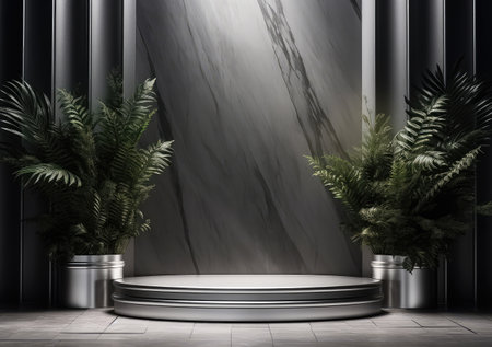 Luxurious empty product marble stone podium and forest green leaves on dark background. Concept scene stage for promotion, sale, presentation or cosmetic. AI Generativeの素材
