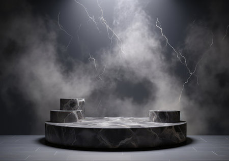 Dark podium, showcase for advertising products and goods. Display with natural stones and green tropical branches. Background for natural cosmetics and branding. AI Generativeの素材