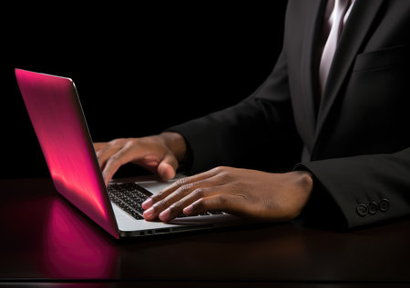 closeup with hand of businessman using laptop, with out door cafe, chilling, technology concept.の素材