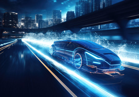 car or vehicle open headlamp parked in futuristic modern concept. Future transportation. Futuristic autonomous car. Driverless autonomous vehicle. Self-driving car technologyの素材
