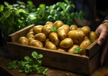 Young farmer with freshly picked Potatoes in basket. Hand holding wooden box with vegetables in field. Fresh Organic Vegetable.の素材