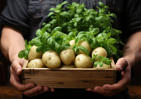 Young farmer with freshly picked Potatoes in basket. Hand holding wooden box with vegetables in field. Fresh Organic Vegetable.の素材