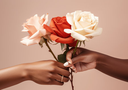 Close up of different skin color hands holding beautiful roses. AI Generative.の素材