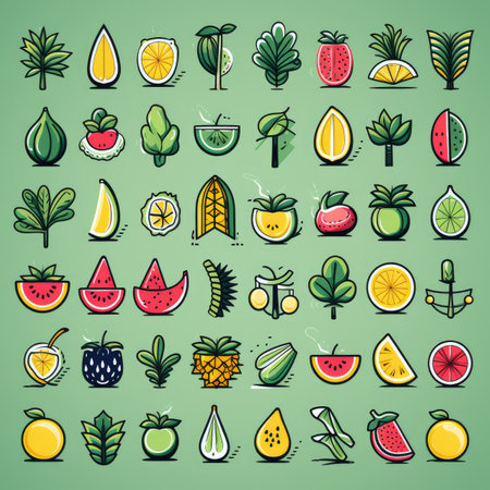 Set of exotic fruits in modern hand drawn scandinavian style, summer symbol.の素材