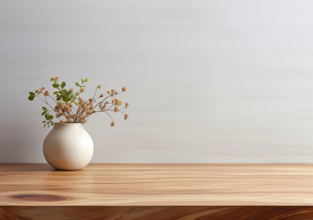 empty mockup space on a wooden tabletop against a plants on pot, minimal wooden living room as a background.の素材