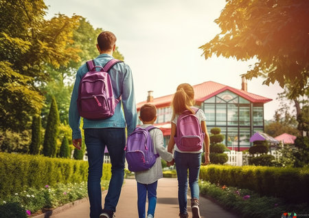 back to school children with backpack and father, Father and daughter going to school for the first timeの素材