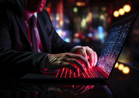 closeup with hand of businessman using laptop, with out door cafe, chilling, technology concept.の素材