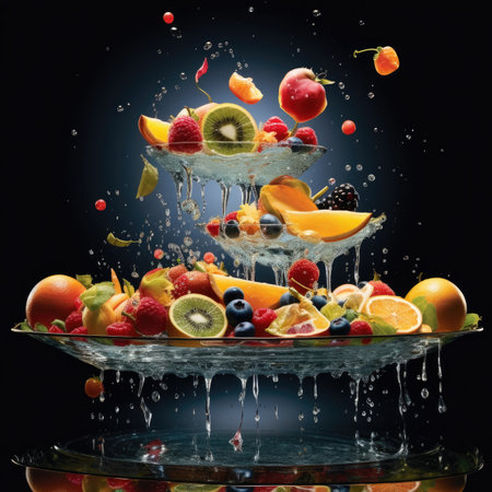 Fruit burst. Splash of juice. Sweet tropical fruits and mixed berriesの素材