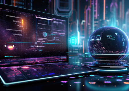 abstract technology futuristic concept, theme of artificial intelligence, Futuristic Sci fi Neon. HUD technology.の素材