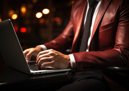 closeup with hand of businessman using laptop, with out door cafe, chilling, technology concept.の素材