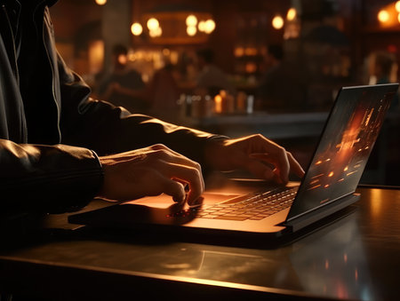 closeup with hand of businessman using laptop, with out door cafe, chilling, technology concept.の素材