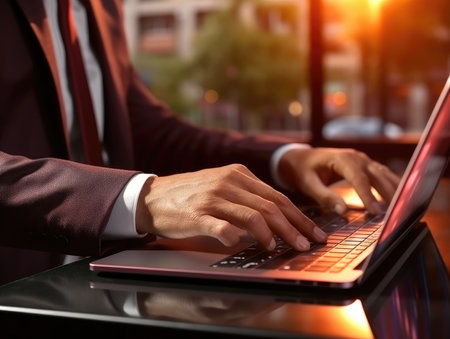 closeup with hand of businessman using laptop, with out door cafe, chilling, technology concept.の素材
