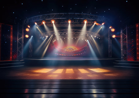 Free stage with lights, lighting devices, Shining spotlights and empty scene. Online event entertainment concept. Background for online concert.の素材
