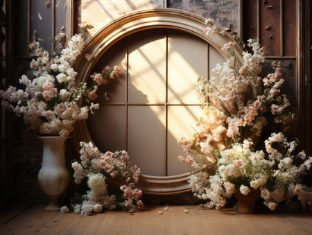 floral hoop digital backdrops. shoot set up with prop Flower and wood backdropの素材