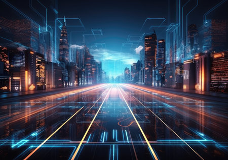 abstract technology futuristic concept, theme of artificial intelligence, Futuristic Sci fi Neon. HUD technology.の素材